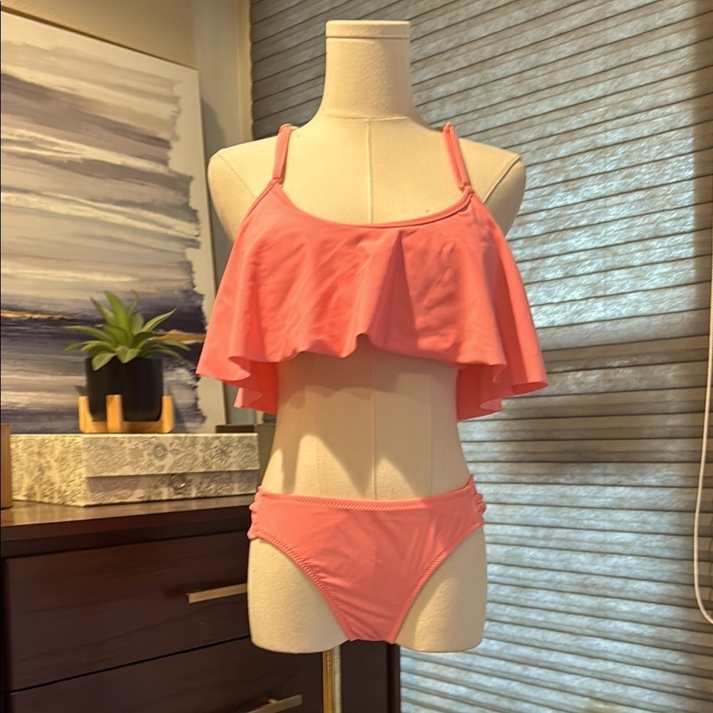Jessica Simpson Two Piece Cami Flounce Fancy Back Bikini Swimsuit Peach. Size M